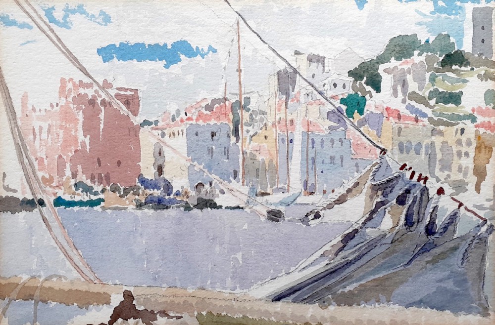 Mediterranean harbour, French Riviera Cote d'Azur, view from a boat, antique watercolour on paper