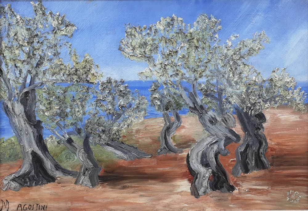 An oil painting on canvas depicting twisted olive trees with thick impasto foliage against a blue sea and terracotta ground, signed M Agostini in the lower left corner.