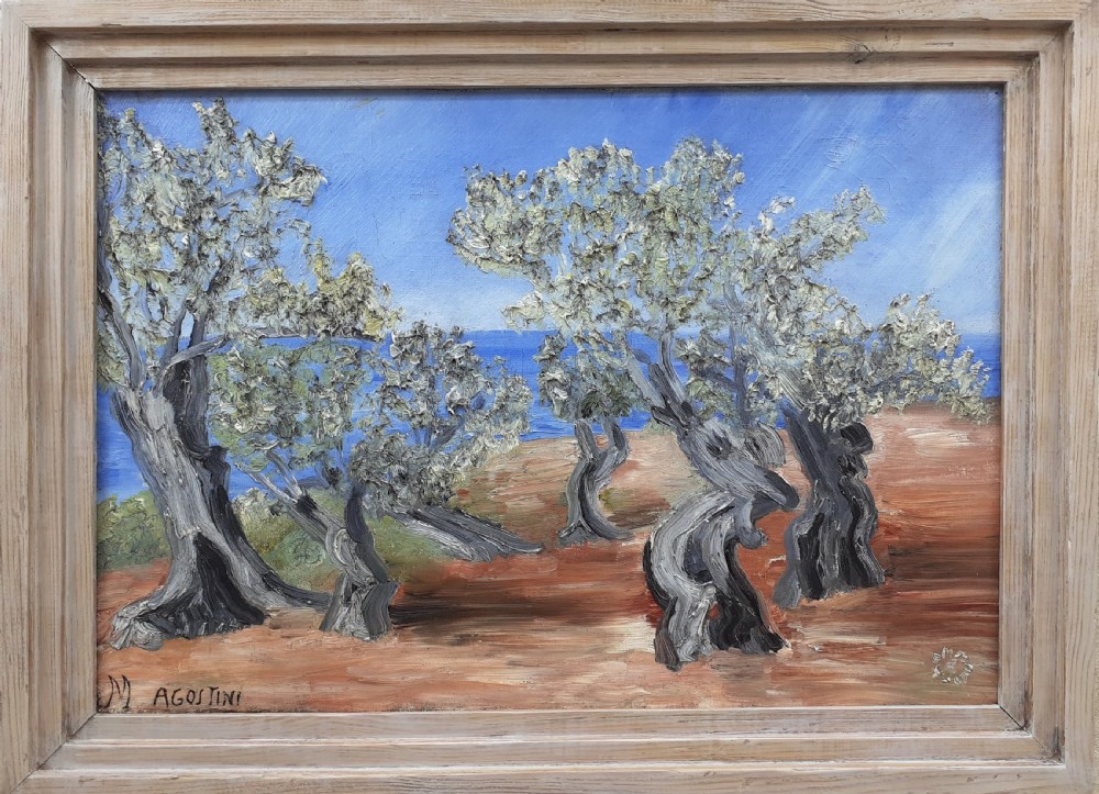 An oil painting on canvas depicting twisted olive trees with thick impasto foliage against a blue sea and terracotta ground, signed M Agostini in the lower left corner. View II