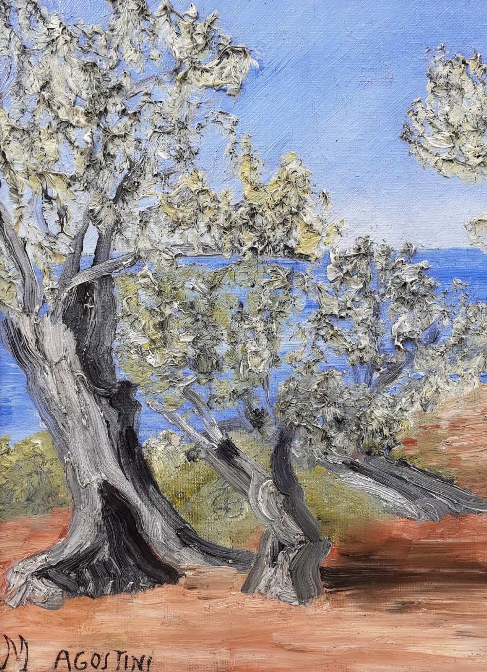 An oil painting on canvas depicting twisted olive trees with thick impasto foliage against a blue sea and terracotta ground, signed M Agostini in the lower left corner. View III