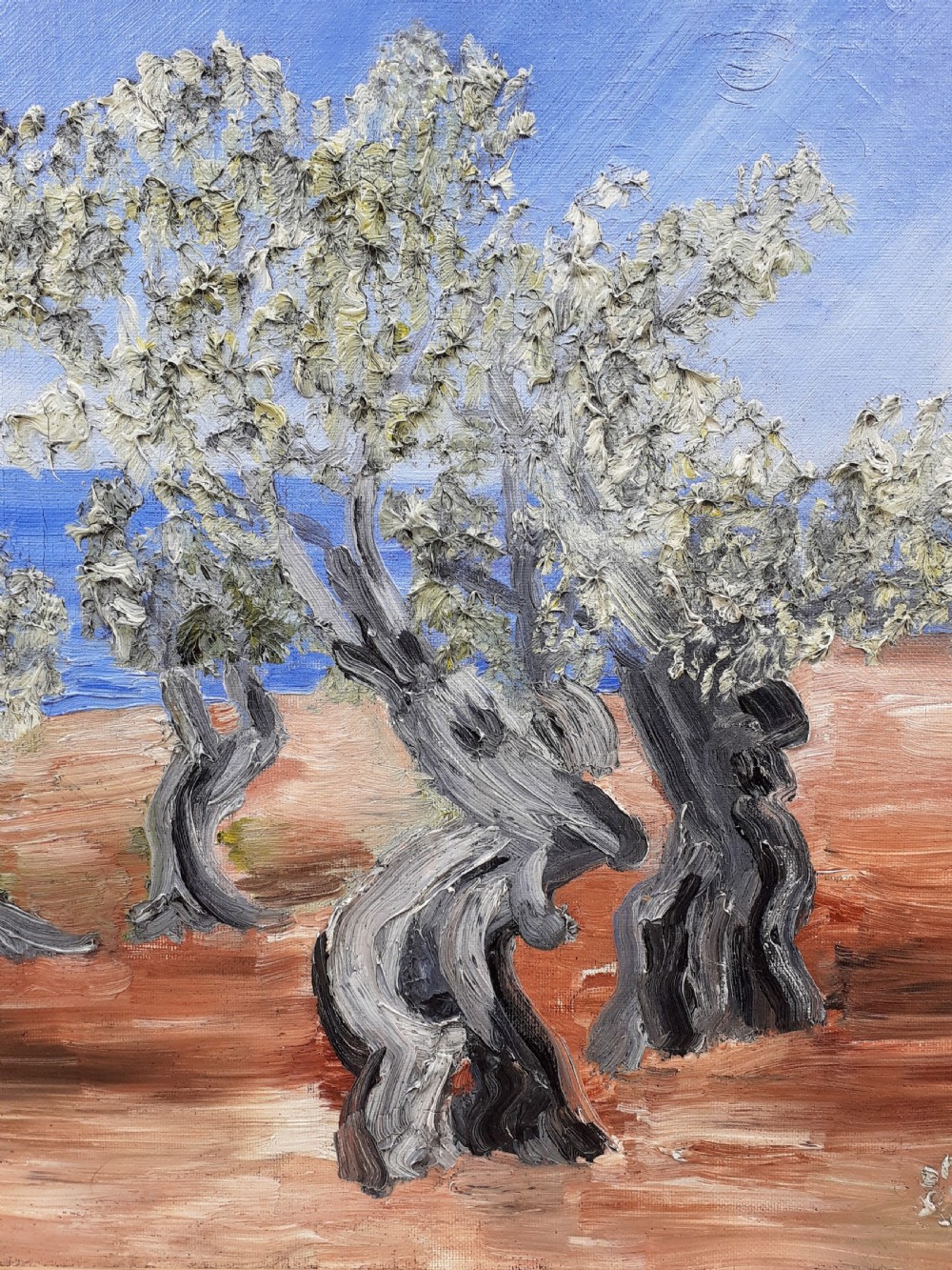 An oil painting on canvas depicting twisted olive trees with thick impasto foliage against a blue sea and terracotta ground, signed M Agostini in the lower left corner. View IV