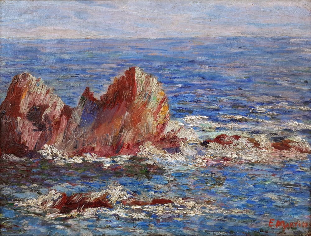 Colourist pointillist seascape, mediterranean coast, the South of France, Cassis Cote d'Azur French oil on board