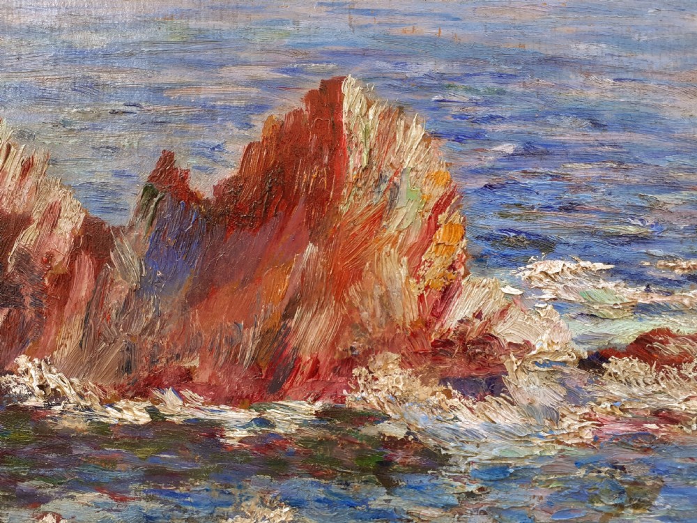 Colourist pointillist seascape, mediterranean coast, the South of France, Cassis Cote d'Azur French oil on board View II
