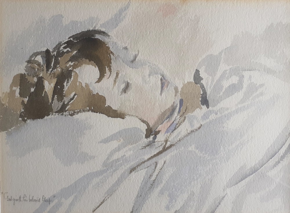 Young child sleeping, the artist's son, by Sickert's woman student antique watercolour on paper