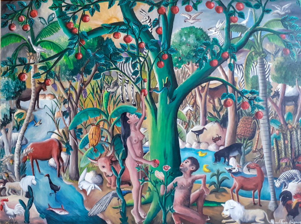 Masterpiece: The garden of Eden,  huge sumptuous colourful exuberant Paradise by Haitian Master Wilson Bigaud