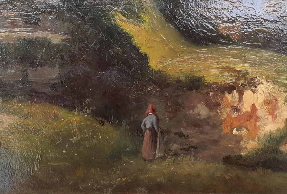 Mysterious landscape with lone figure in the hills antique French oil on panel View III