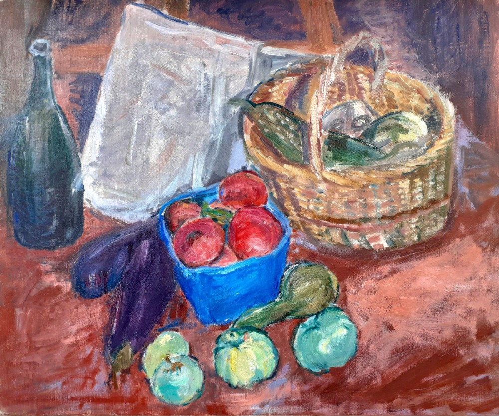 Joy in the simple things: colourful still life with fruit and veg...and a newspaper! Antique French oil on canvas