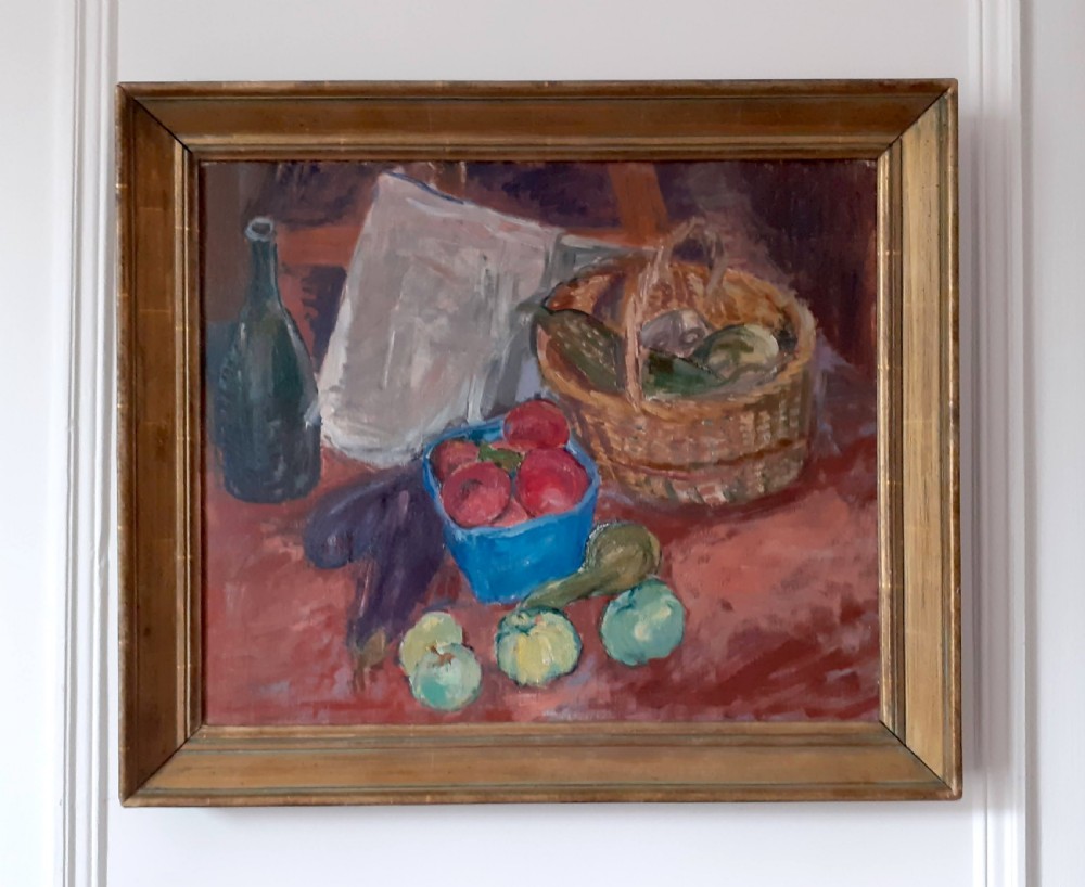 Joy in the simple things: colourful still life with fruit and veg...and a newspaper! Antique French oil on canvas View II