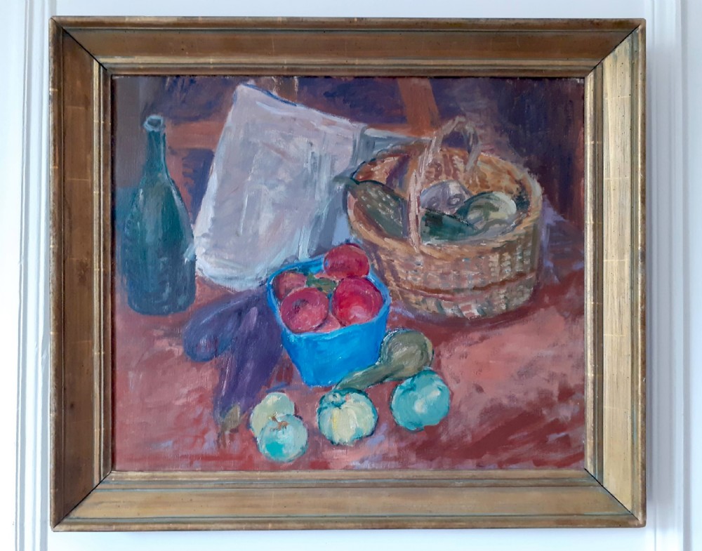 Joy in the simple things: colourful still life with fruit and veg...and a newspaper! Antique French oil on canvas View III