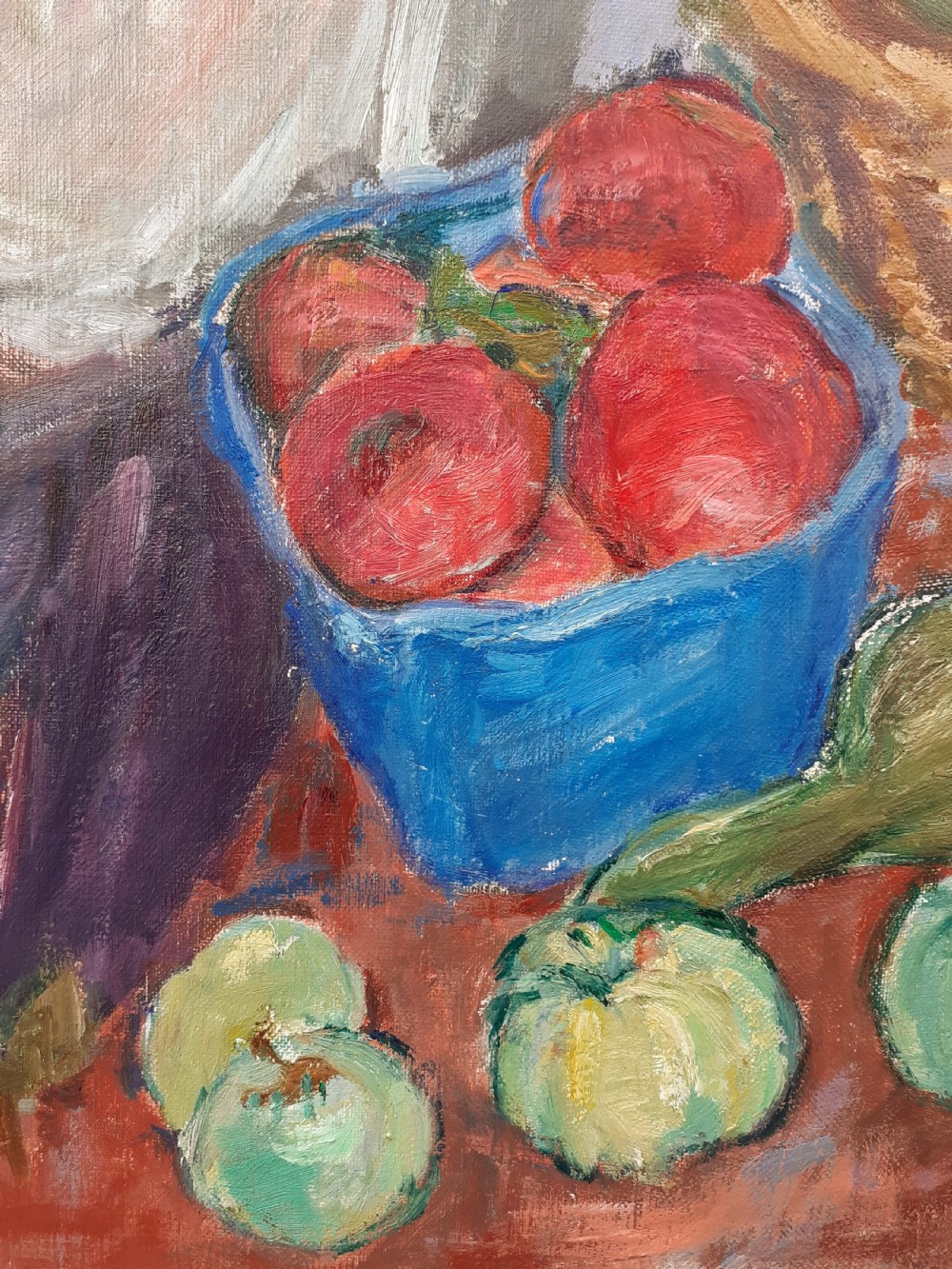 Joy in the simple things: colourful still life with fruit and veg...and a newspaper! Antique French oil on canvas View V