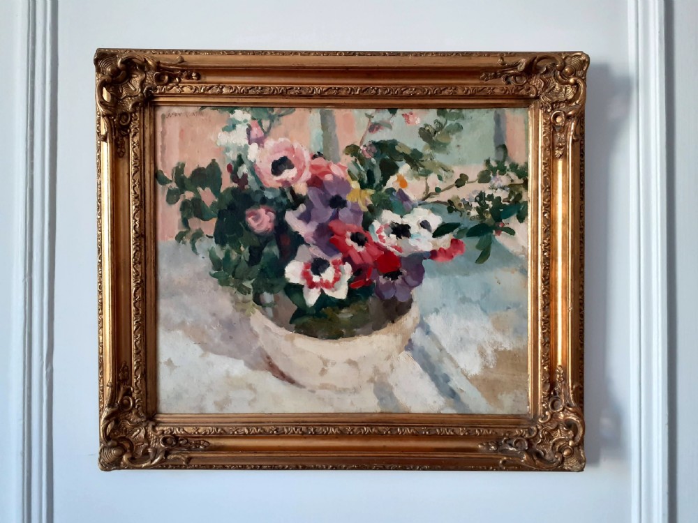 Anemones: joyous light filled floral still life antique French oil on canvas flowers  View II