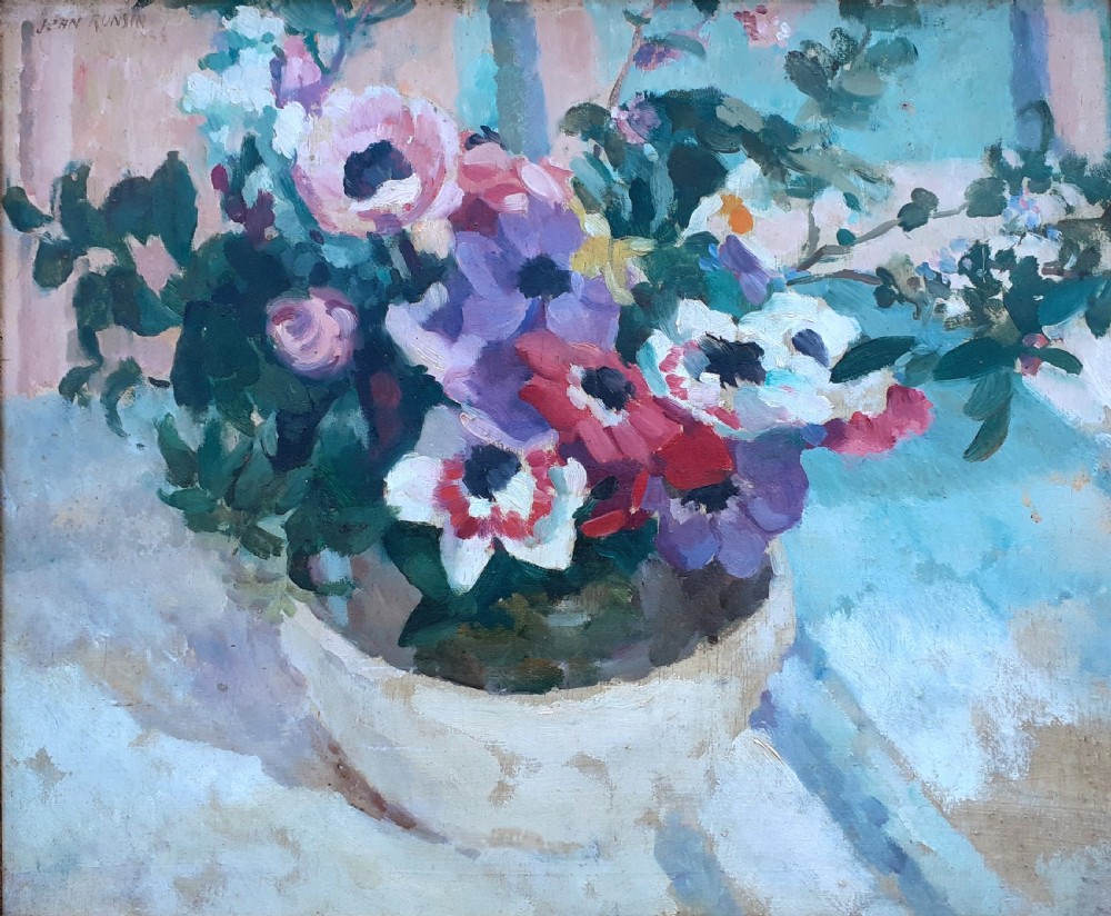 Anemones: joyous light filled floral still life antique French oil on canvas flowers  View IV