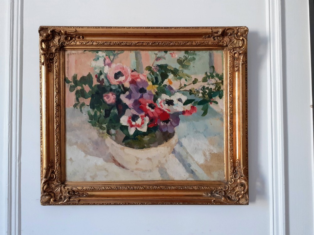 Anemones: joyous light filled floral still life antique French oil on canvas flowers  View V