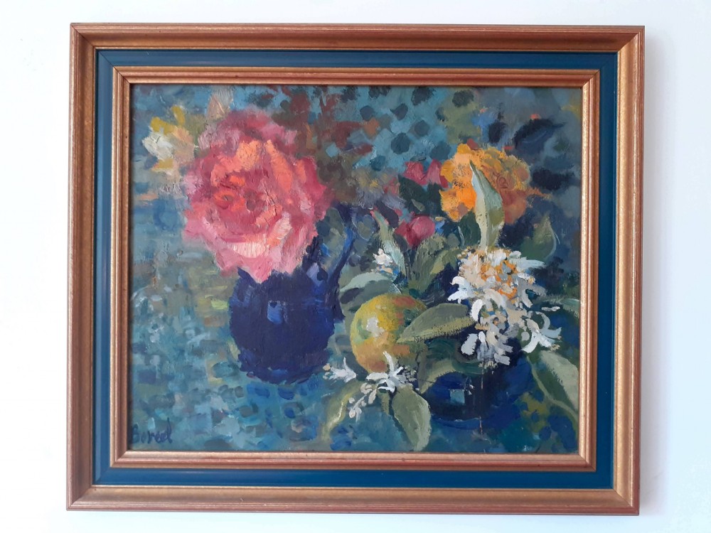 Flowers and fruit, exuberant and colourful still life antique oil on board View IV