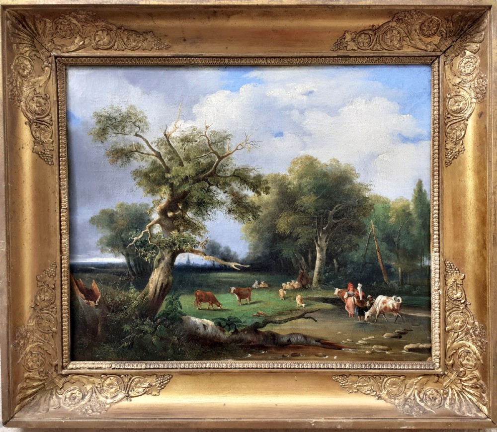 Halcyon days - shepherds and cowherds in an ideal landscape, French oil on canvas View II
