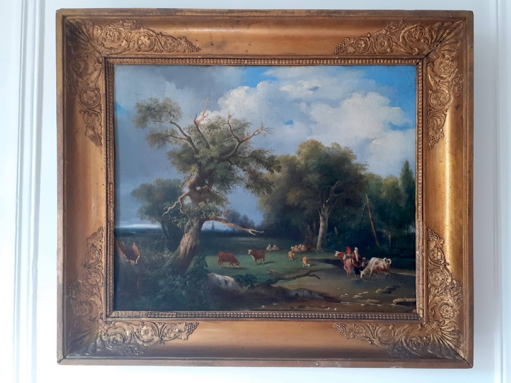 Halcyon days - shepherds and cowherds in an ideal landscape, French oil on canvas View III