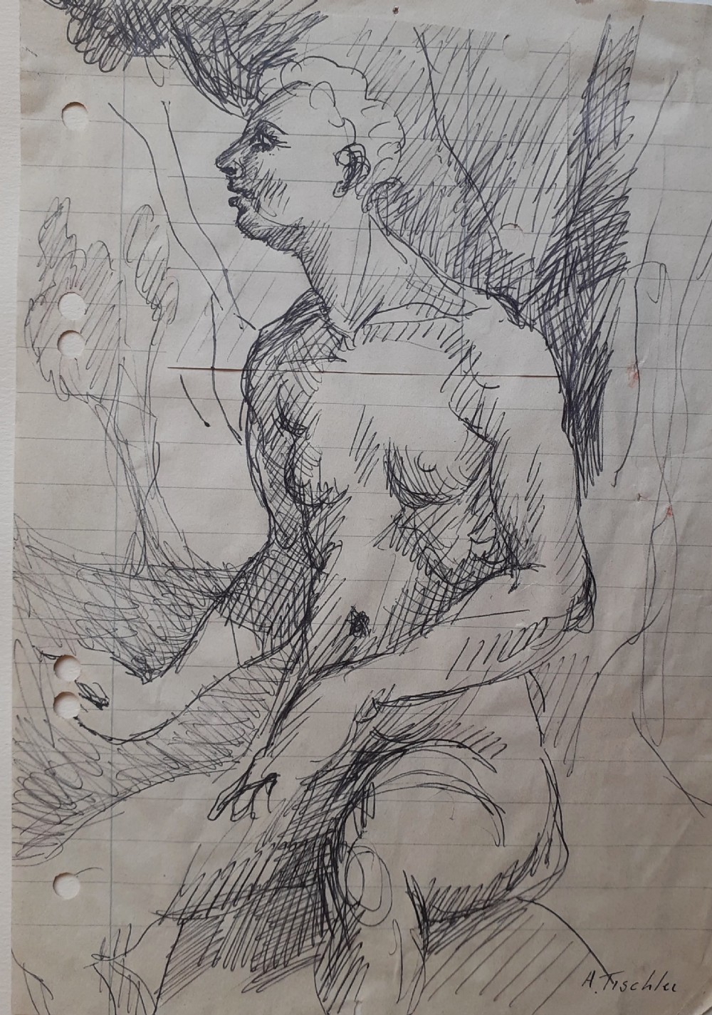 An ink drawing on lined paper depicting a male nude figure in profile, rendered with hatched shading.