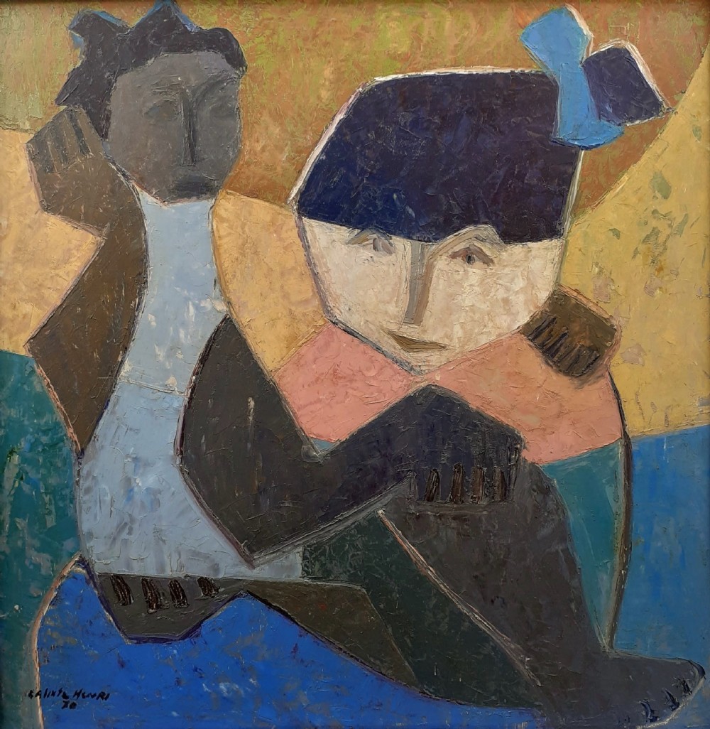 Bold cubist Mother and Child - abstracted oil painting by Haitian Master Calixte Henri,  Haiti