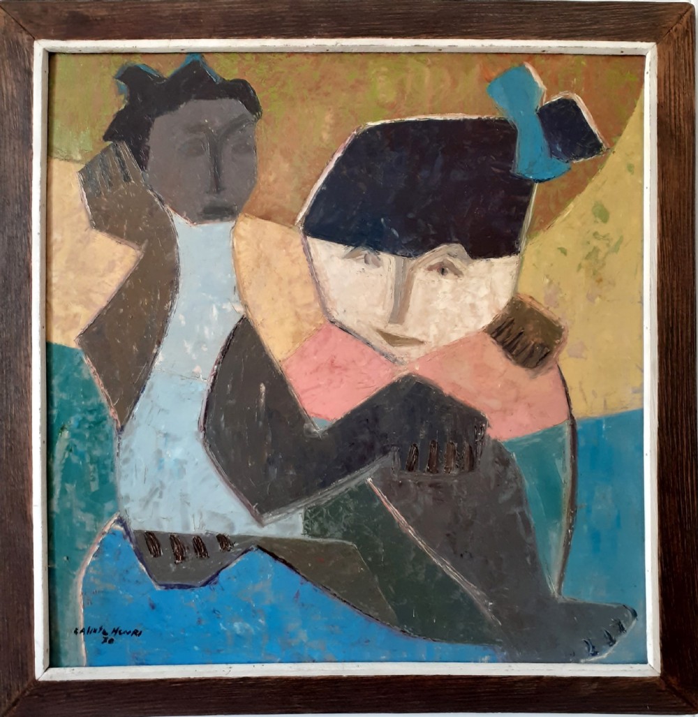 Bold cubist Mother and Child - abstracted oil painting by Haitian Master Calixte Henri,  Haiti View II