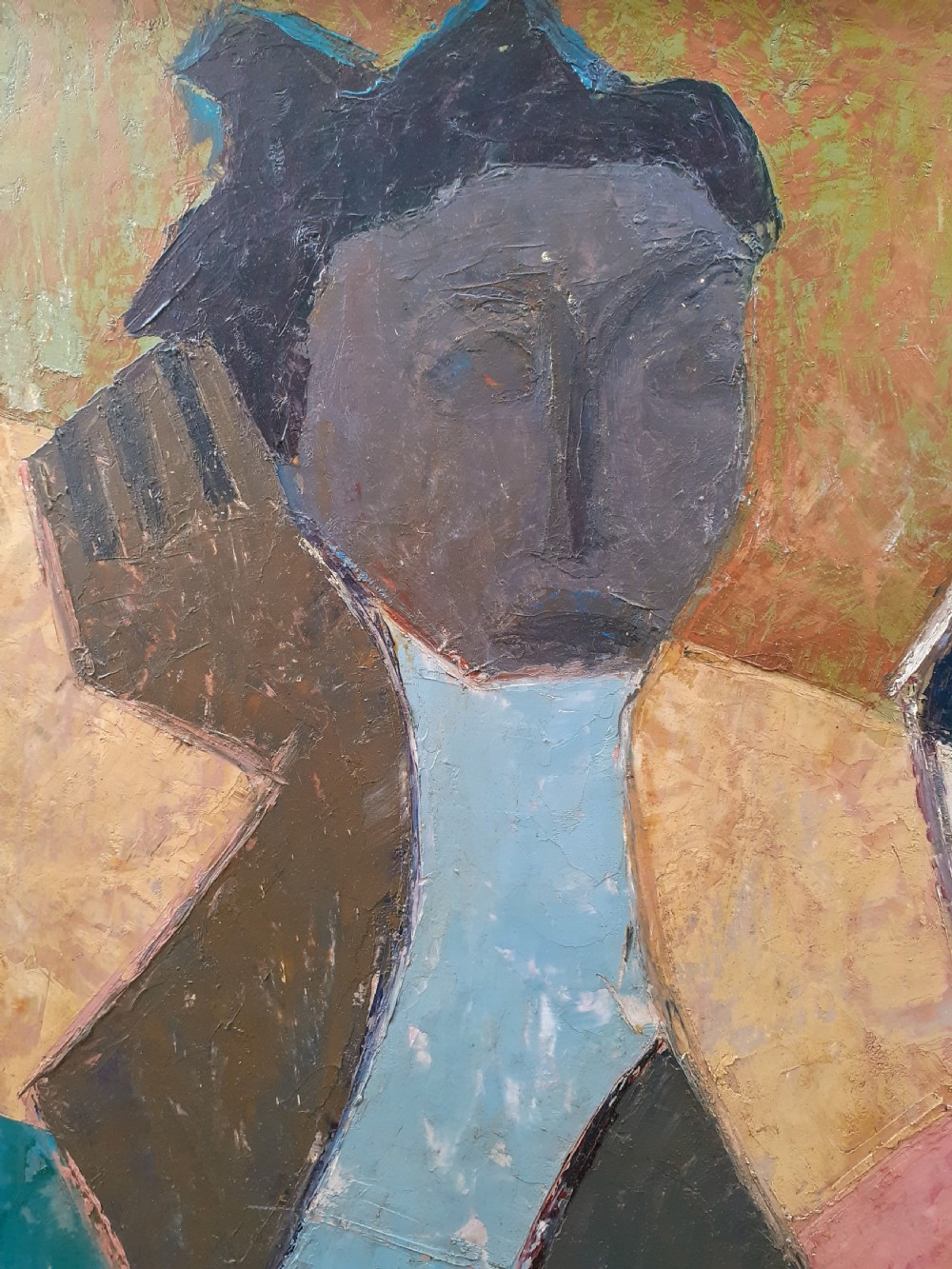 Bold cubist Mother and Child - abstracted oil painting by Haitian Master Calixte Henri,  Haiti View IV