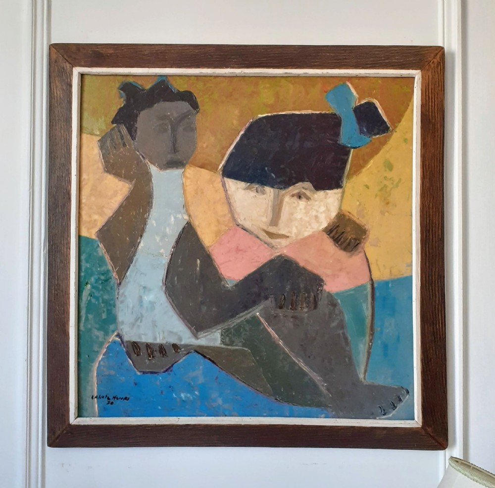 Bold cubist Mother and Child - abstracted oil painting by Haitian Master Calixte Henri,  Haiti View V