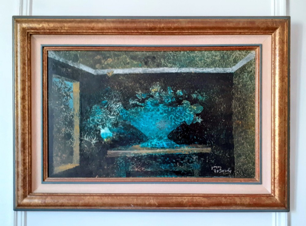 The blue vase, the open window: mysterious modernist masterpiece French antique oil  View II