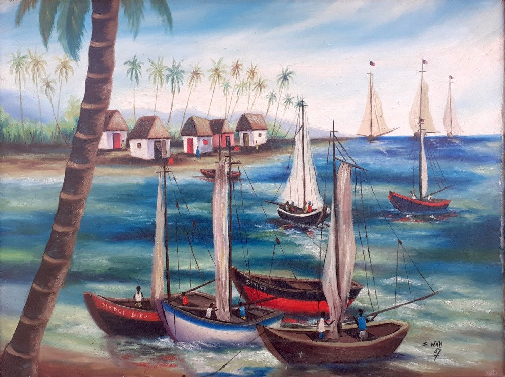 Carribean seascape, sailboats in Haiti by Chinese Haitian Master Edouard Wah  oil on canvas