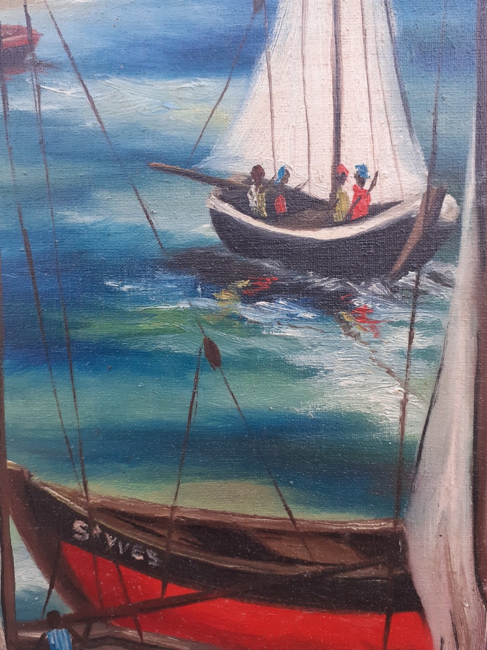 Carribean seascape, sailboats in Haiti by Chinese Haitian Master Edouard Wah  oil on canvas View II