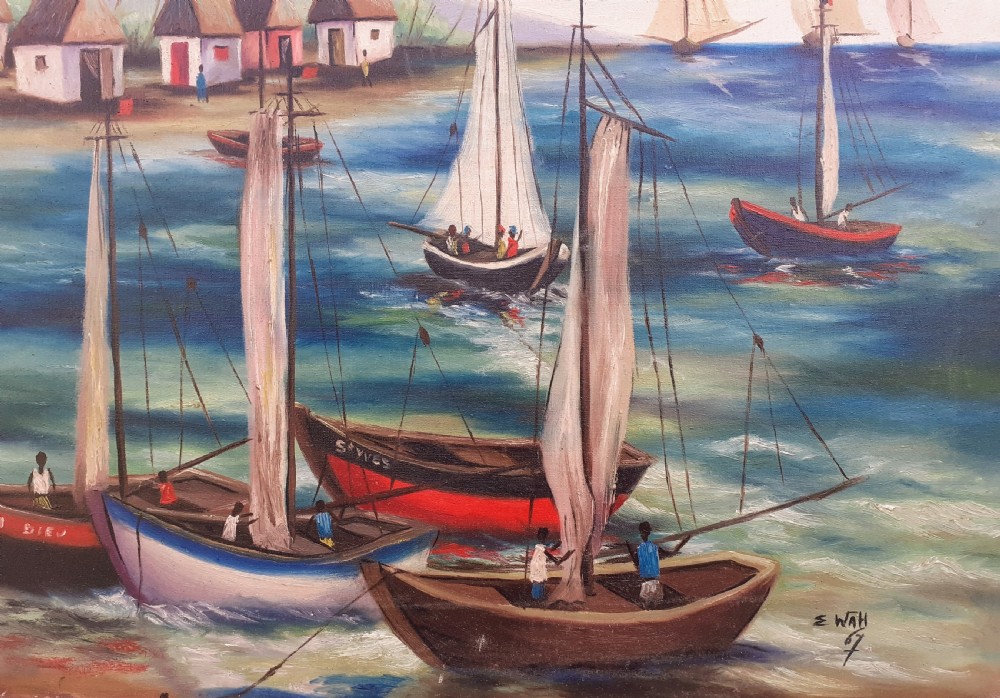 Carribean seascape, sailboats in Haiti by Chinese Haitian Master Edouard Wah  oil on canvas View IV