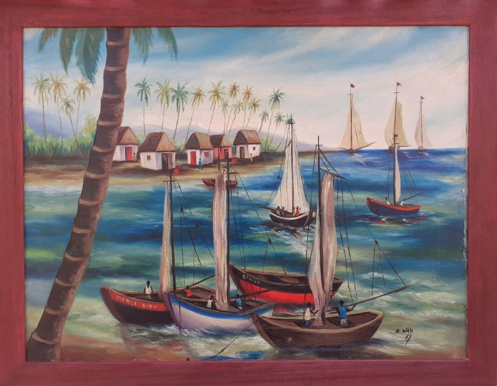 Carribean seascape, sailboats in Haiti by Chinese Haitian Master Edouard Wah  oil on canvas View V