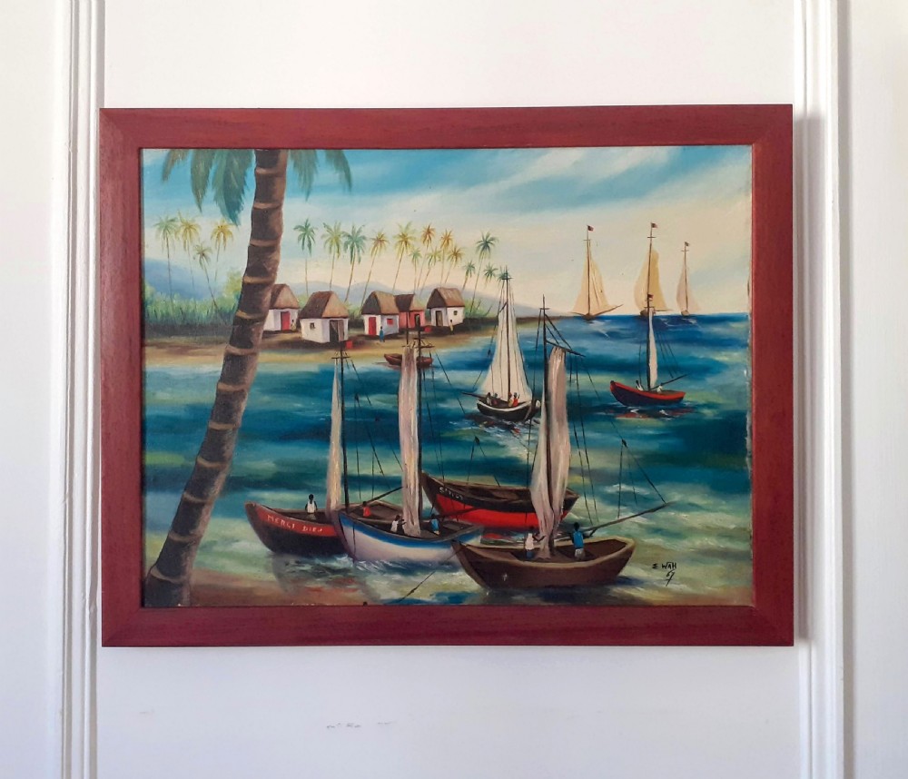 Carribean seascape, sailboats in Haiti by Chinese Haitian Master Edouard Wah  oil on canvas View VI