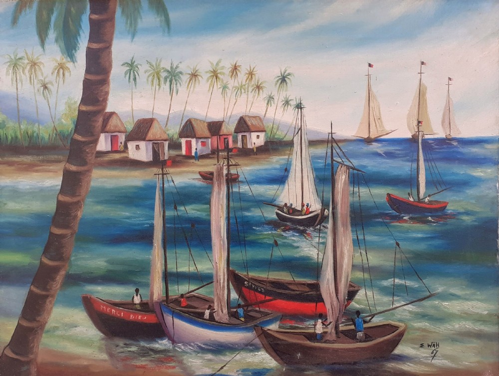 Carribean seascape, sailboats in Haiti by Chinese Haitian Master Edouard Wah  oil on canvas View VIII
