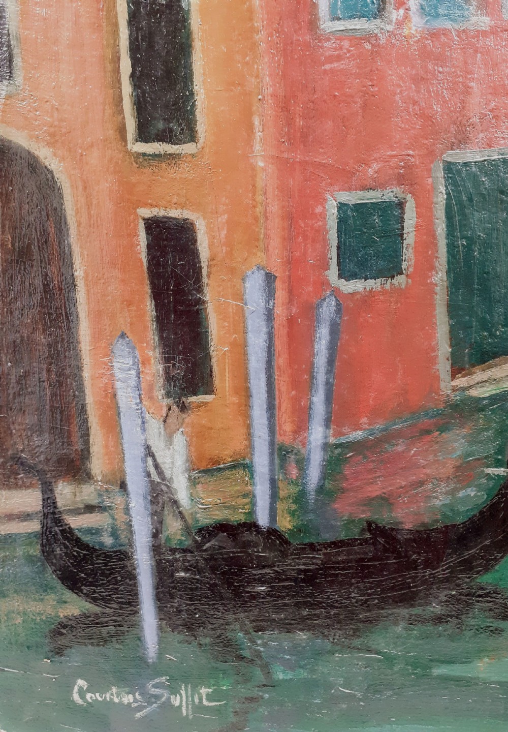 Venice, terracotta buildings Venetian canal with gondolier art deco period French oil on canvas View III