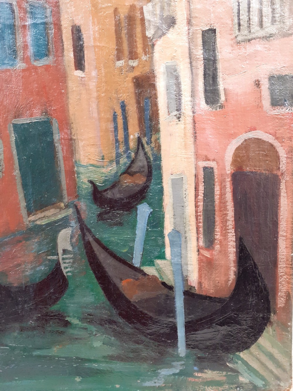 Venice, terracotta buildings Venetian canal with gondolier art deco period French oil on canvas View IV