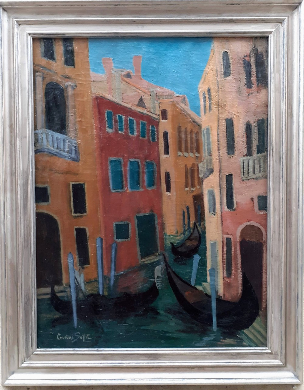 Venice, terracotta buildings Venetian canal with gondolier art deco period French oil on canvas View VI