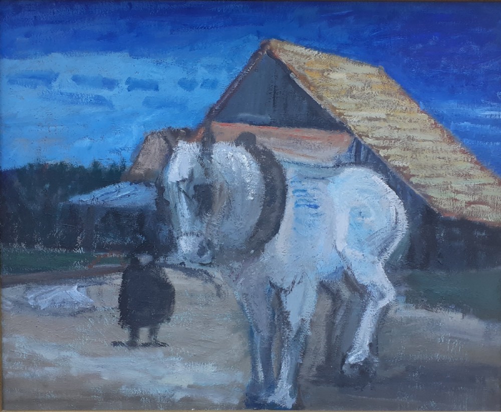 Horse and figure, draught horse by the barn, antique French expressionist painting on canvas