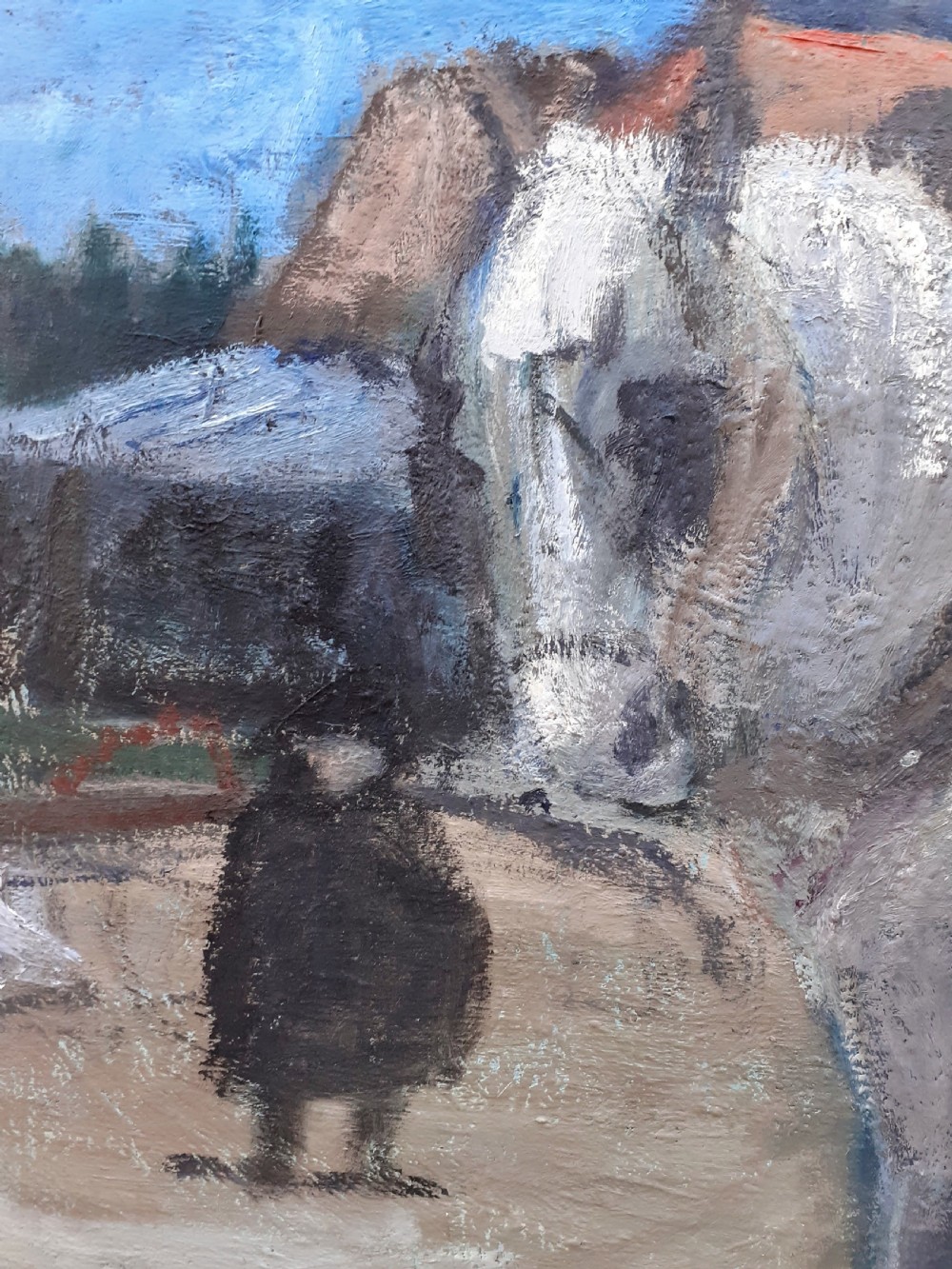 Horse and figure, draught horse by the barn, antique French expressionist painting on canvas View II