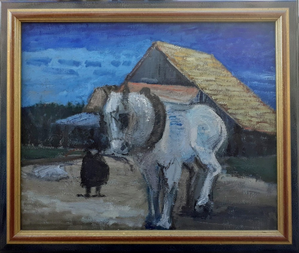 Horse and figure, draught horse by the barn, antique French expressionist painting on canvas View III
