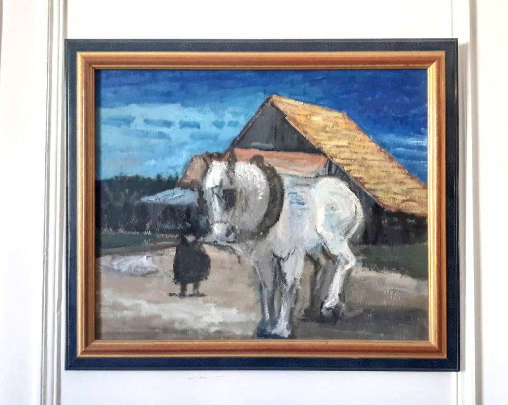 Horse and figure, draught horse by the barn, antique French expressionist painting on canvas View IV