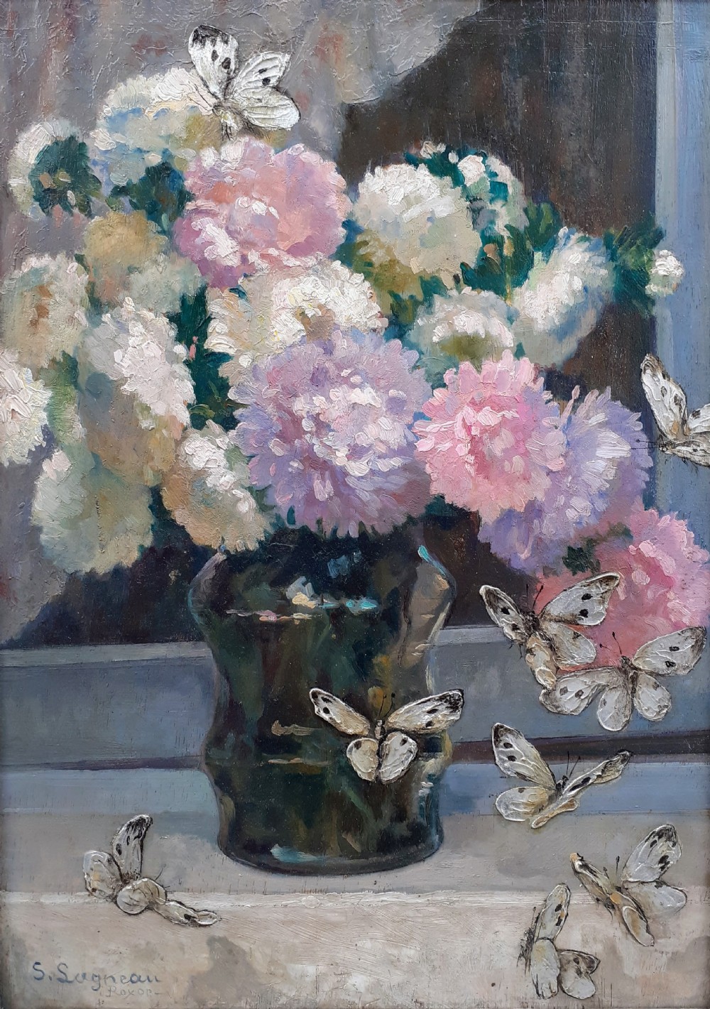 The silver butterflies - jubilant floral still life French arts and crafts period art deco flowers oil on panel