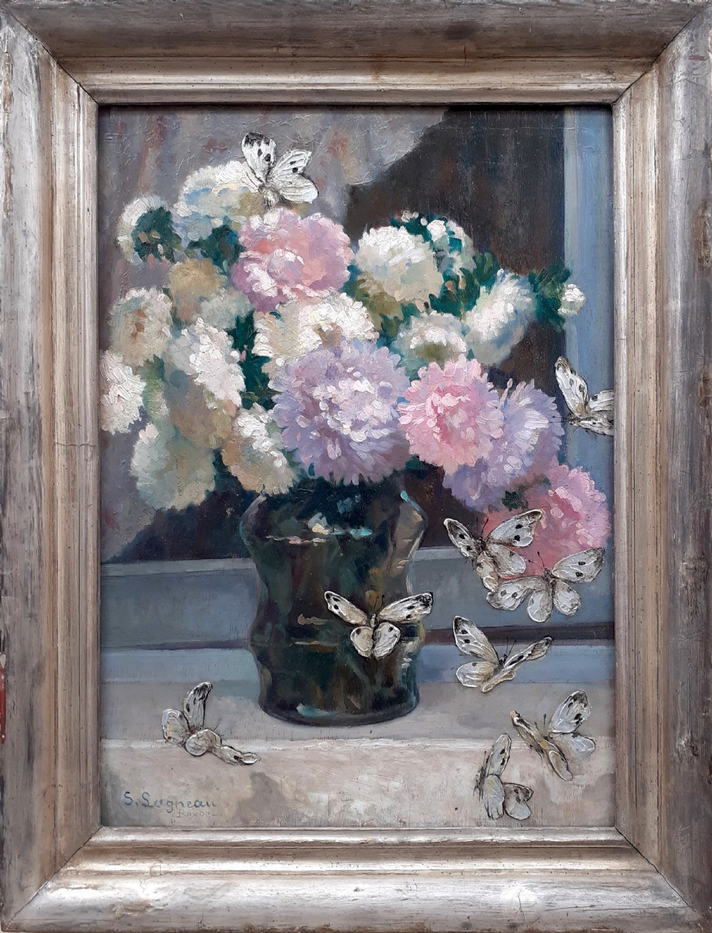 The silver butterflies - jubilant floral still life French arts and crafts period art deco flowers oil on panel View II