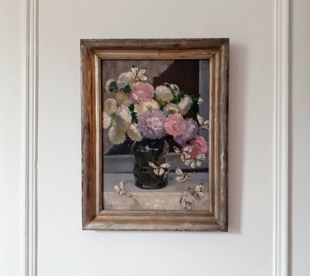The silver butterflies - jubilant floral still life French arts and crafts period art deco flowers oil on panel View III