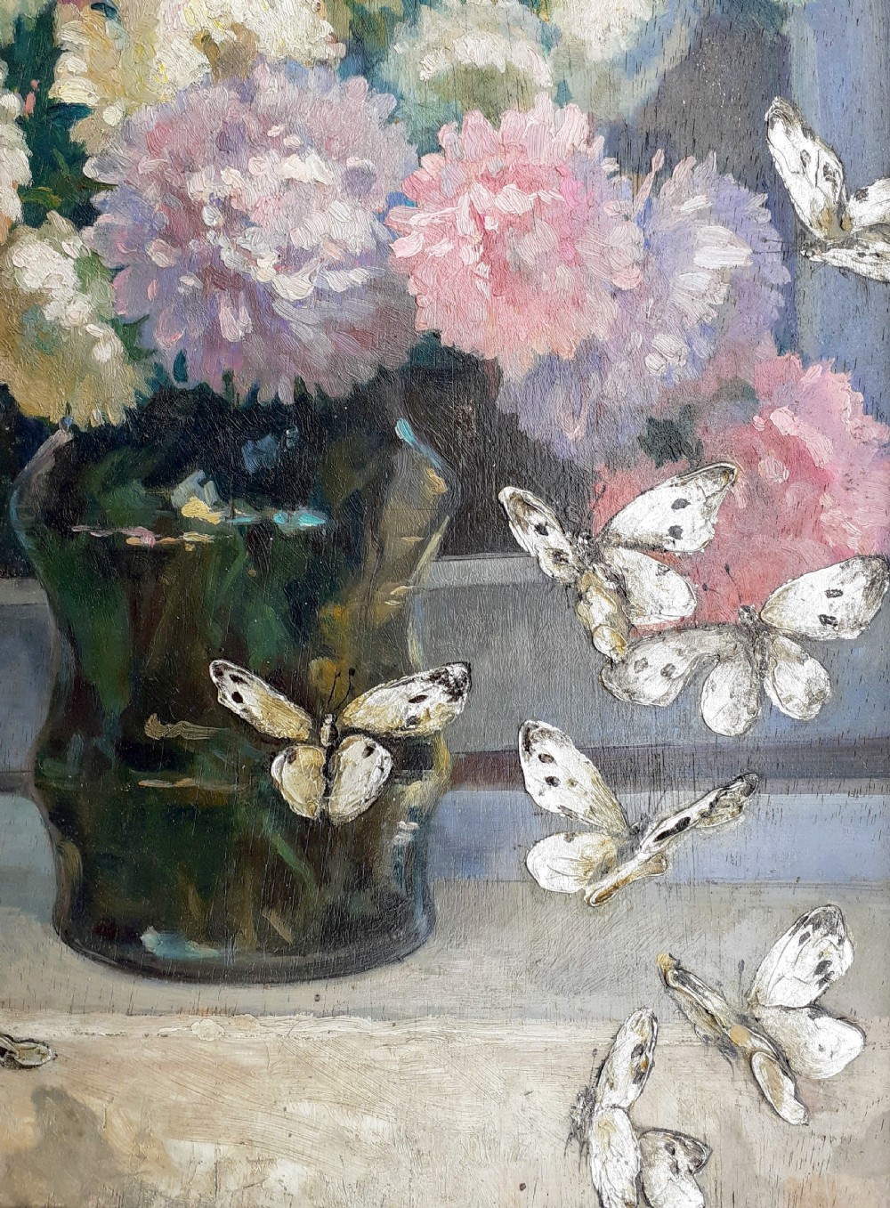 The silver butterflies - jubilant floral still life French arts and crafts period art deco flowers oil on panel View V