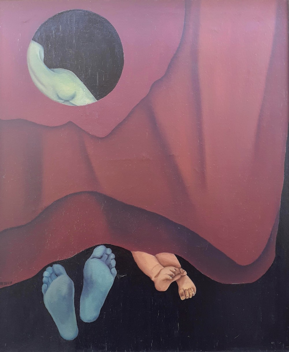 A mid-century surrealist oil painting on canvas featuring deep red drapery revealing a circular cutout with a figure, alongside painted feet in blue and natural flesh tones.