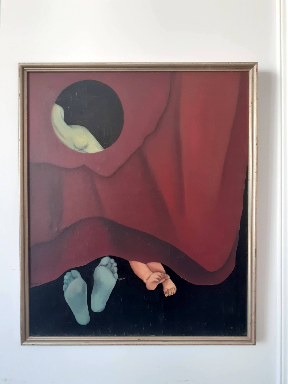A mid-century surrealist oil painting on canvas featuring deep red drapery revealing a circular cutout with a figure, alongside painted feet in blue and natural flesh tones. View II