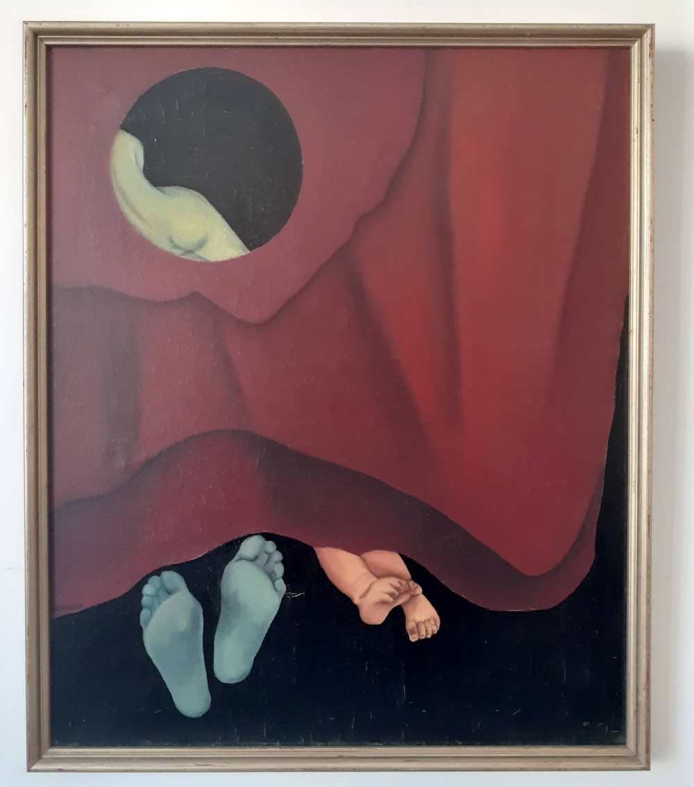 A mid-century surrealist oil painting on canvas featuring deep red drapery revealing a circular cutout with a figure, alongside painted feet in blue and natural flesh tones. View III