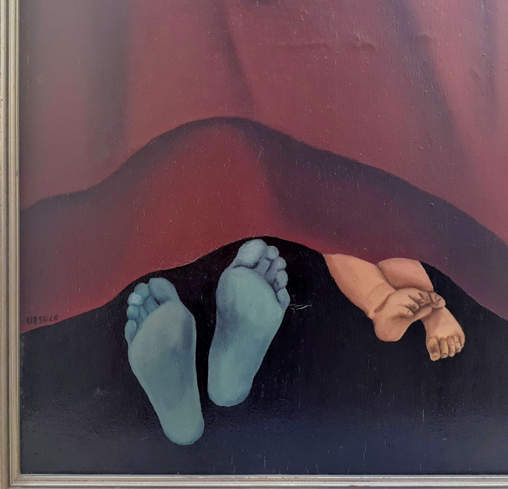 A mid-century surrealist oil painting on canvas featuring deep red drapery revealing a circular cutout with a figure, alongside painted feet in blue and natural flesh tones. View IV