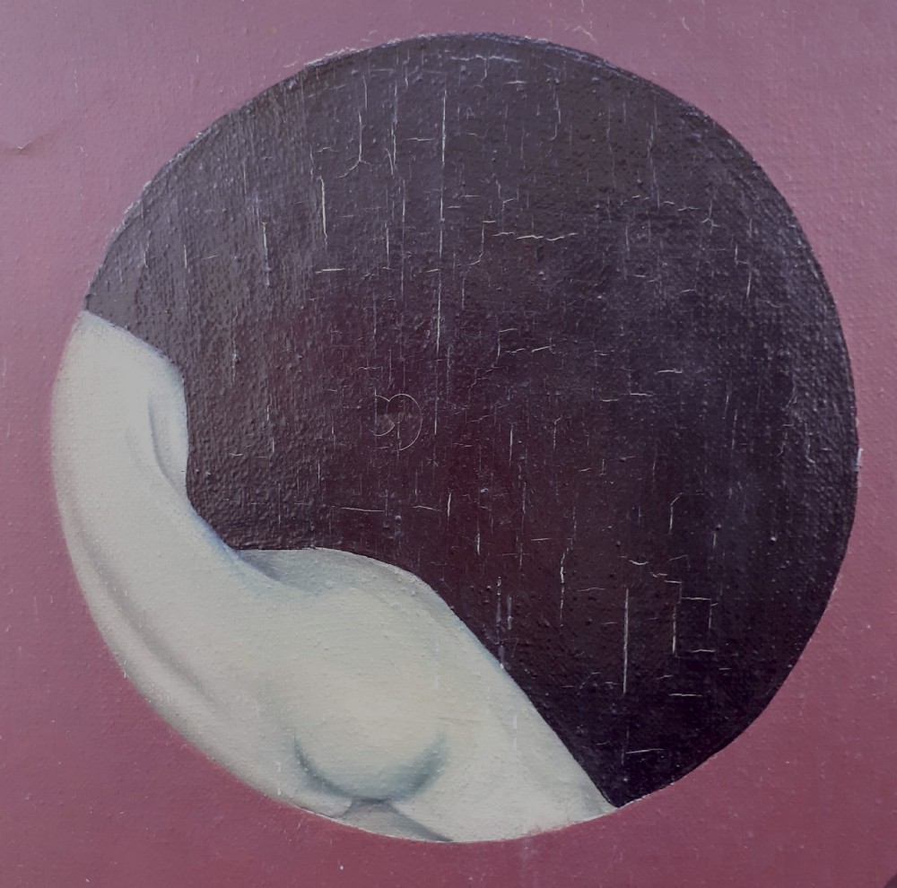 A mid-century surrealist oil painting on canvas featuring deep red drapery revealing a circular cutout with a figure, alongside painted feet in blue and natural flesh tones. View V