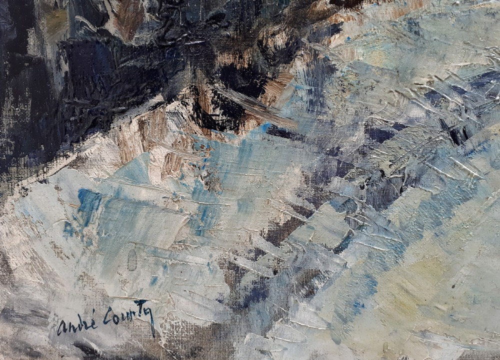 Snow: large semi abstracted winter scene, Montlhéry landscape 1963 antique French oil on canvas View II