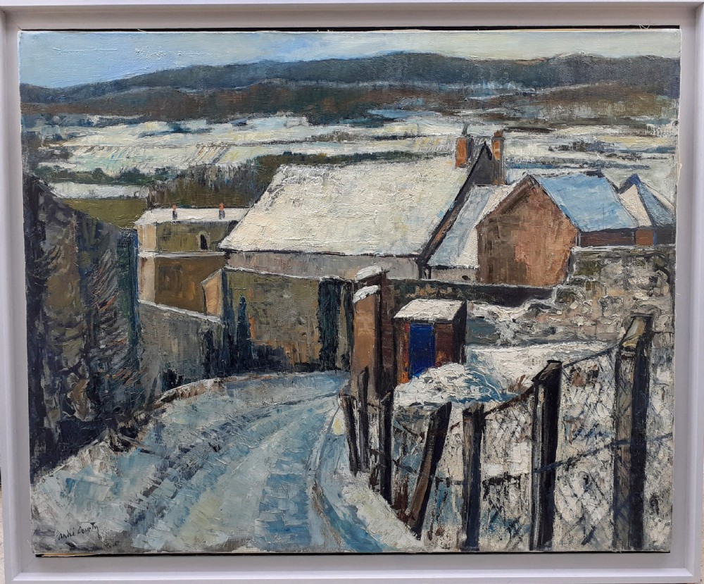 Snow: large semi abstracted winter scene, Montlhéry landscape 1963 antique French oil on canvas View III